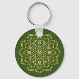 Chaveiro Padrão Floral de Mandala Elegante Verde e Dourada