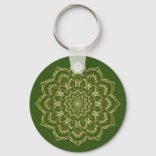 Chaveiro Padrão Floral de Mandala Elegante Verde e Dourada