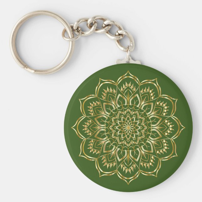 Chaveiro Padrão Floral de Mandala Elegante Verde e Dourada (Frente)