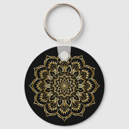Chaveiro Padrão Floral de Mandala Preto e Dourado Elegante