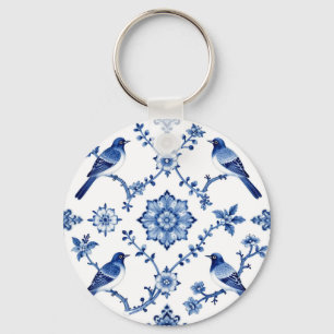 Chaveiro Padrão Floral de Pássaro Chinoiserie Azul
