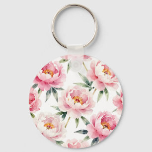 Chaveiro Padrão Floral de Peônia Beijo em Aquarela