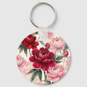 Chaveiro Padrão Floral de Peônia em Aquarela Vermelho Inten