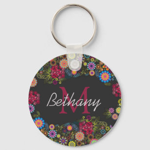 Chaveiro Padrão Floral Escuro Pessoalizado Bem Ornamentado