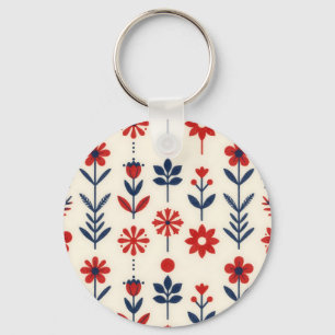 Chaveiro Padrão Floral Folclórico Vermelho e Azul Marinho