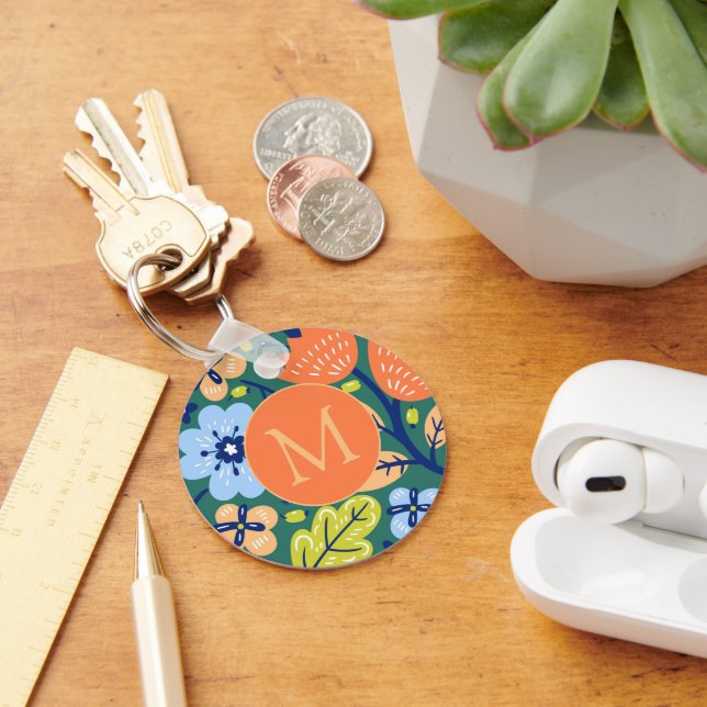 Chaveiro Padrão Floral Moderno Brilhante Monograma (Mesa)