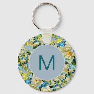 Chaveiro Padrão Floral Monograma Amarelo e Azul Vintage