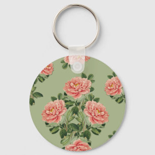 Chaveiro Padrão Floral Rosa em Fundo Verde   Sem Costuras