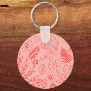 Chaveiro Padrão Floral Tropical Vermelho Coral