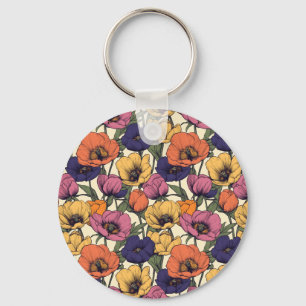 Chaveiro Padrão Floral Vibrante com Papagaios Coloridos