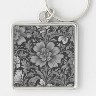 Chaveiro Padrão Floral Vintage Monocromático