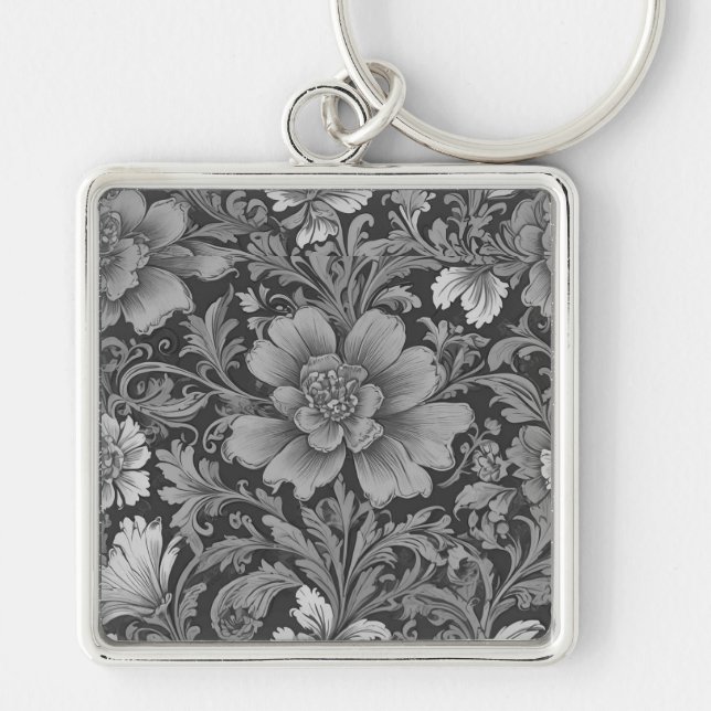 Chaveiro Padrão Floral Vintage Monocromático (Frente)