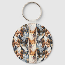 Chaveiro Padrão Fofo de Cachorro Corgi em Aquarela