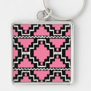 Chaveiro Padrão Ikat Aztec - Rosa Fuchsia, Preto e Branco