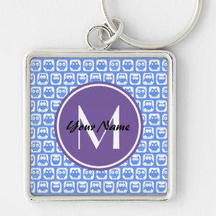 Chaveiro Padrão Lilac Monograma Azul e Coruja Branca