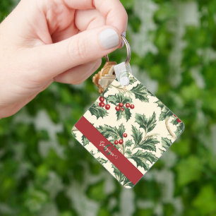 Chaveiro Padrão Monograma de Holly & Berries Natais vintage