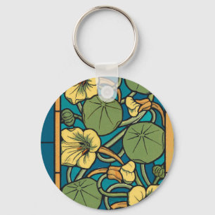 Chaveiro Padrão Nouveau da Flor Nasturtium Amarelo Azul