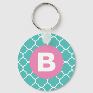Chaveiro Padrão Quatrefoil Verde Azul com Monograma Rosa Pe
