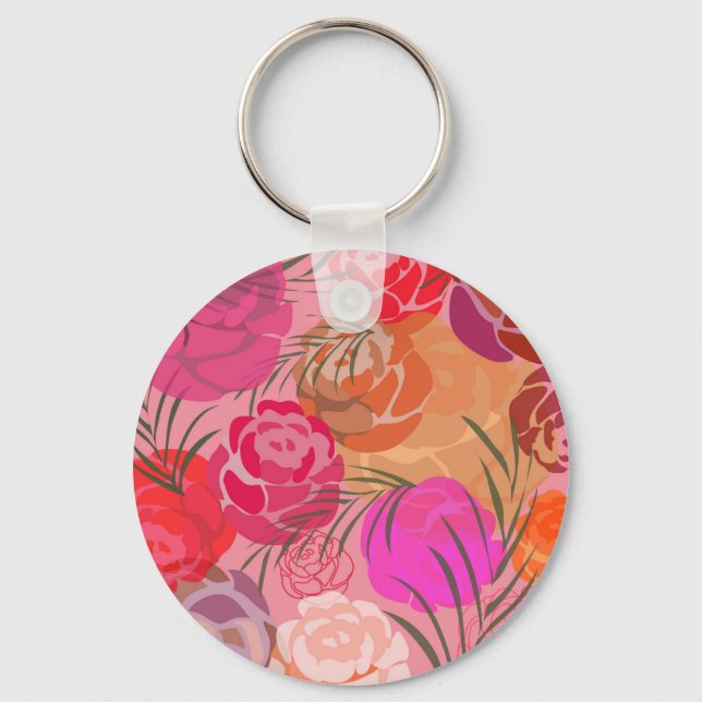 Chaveiro Padrão rosa com flores e plantas (Frente)