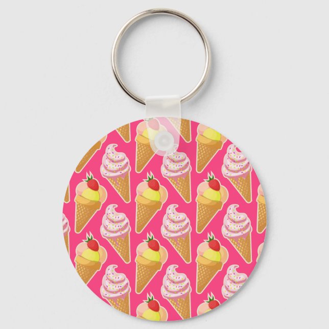 Chaveiro Padrão rosa Kawaii com sorvete de morango (Frente)