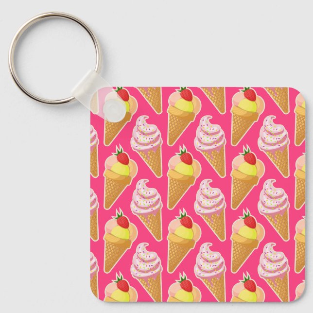 Chaveiro Padrão rosa Kawaii com sorvete de morango (Frente)