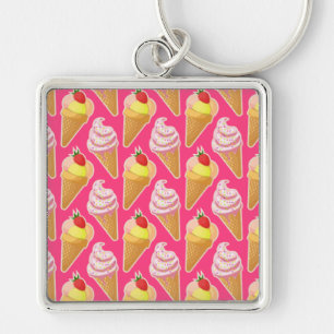 Chaveiro Padrão rosa Kawaii com sorvete de morango