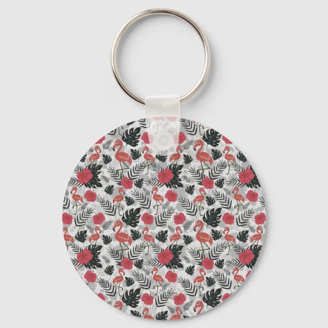 Chaveiro Padrão uniforme Flamingo com fundo floral (Frente)