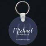 Chaveiro Padrinhos de casamento Personalizados de Script Mo<br><div class="desc">Adicione um toque pessoal ao seu casamento com padrinho de casamento personalizado. Este chaveiro apresenta o nome personalizado dos padrinhos de casamento no estilo de fonte branco do script moderno e monograma no estilo de fonte azul-claro do script moderno do marinho como fundo com o título e a data do...</div>