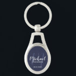 Chaveiro Padrinhos de casamento Personalizados de Script Mo<br><div class="desc">Adicione um toque pessoal ao seu casamento com padrinho de casamento personalizado. Este chaveiro apresenta o nome personalizado dos padrinhos de casamento no estilo de fonte branco do script moderno e monograma no estilo de fonte azul-claro do script moderno do marinho como fundo com o título e a data do...</div>