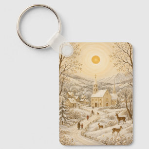 Chaveiro Paisagem da Igreja da Aldeia de Inverno Dourado