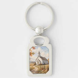 Chaveiro Paisagem em Aquarela de Igreja Rural de Outono