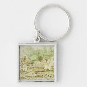 Chaveiro Paisagem nórdica com cabana e o Weir de madeira