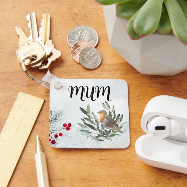 Chaveiro Palavra-chave quadrada com o natal robin (Mesa)