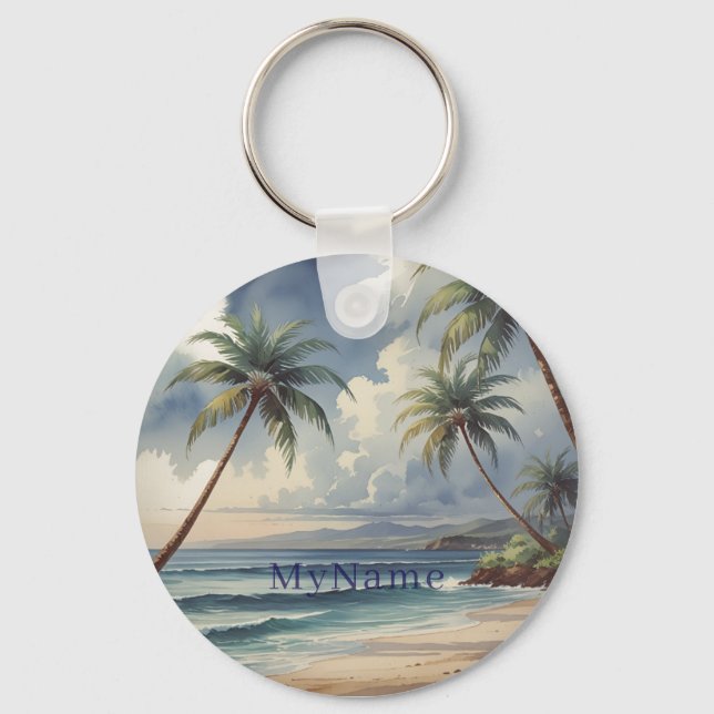 Chaveiro Palm Trees Hawaiian Travel Blue Sea Add Name (Frente)