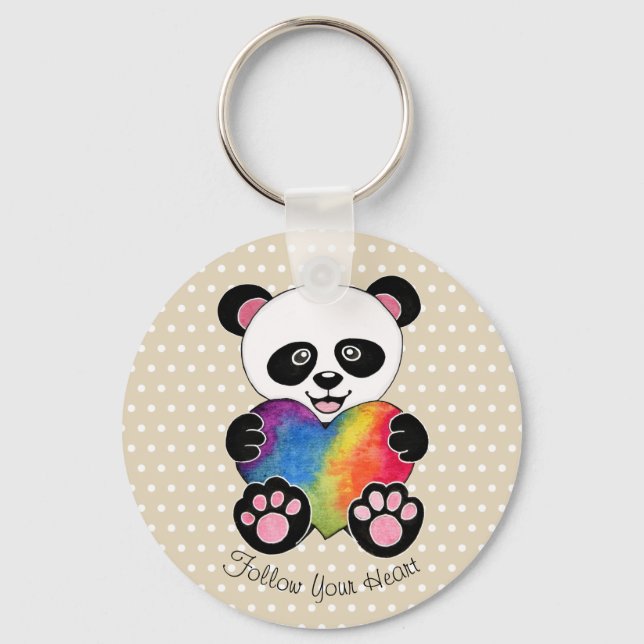 Chaveiro Panda Cuta De Aquarela Com Coração Arco-Íris (Frente)