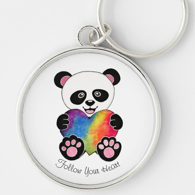Chaveiro Panda Cuta De Aquarela Com Coração Arco-Íris (Frente)