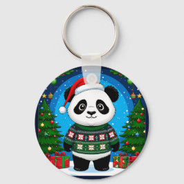 Chaveiro Panda Fofa de Suéter de Natal Usa Chapéu de Papai