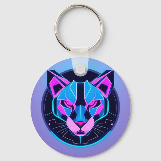 Chaveiro Pantera Neon Futurista Rosto em Arte Geométrica (Frente)