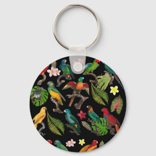 Chaveiro Papagaios Tropicais Coloridos, Folhas e Flores