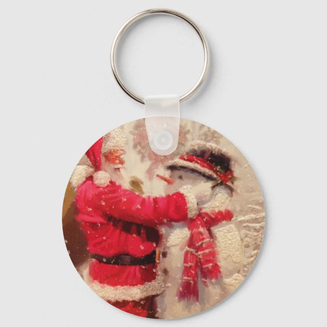 Chaveiro Papai Noel e boneco de neve na neve (Frente)