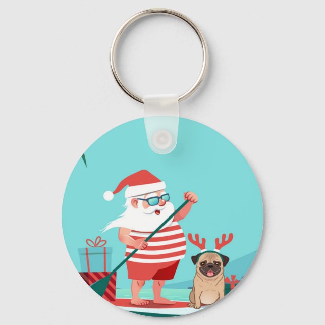 Chaveiro Papai Noel e o Pug dele no surfboard (Frente)