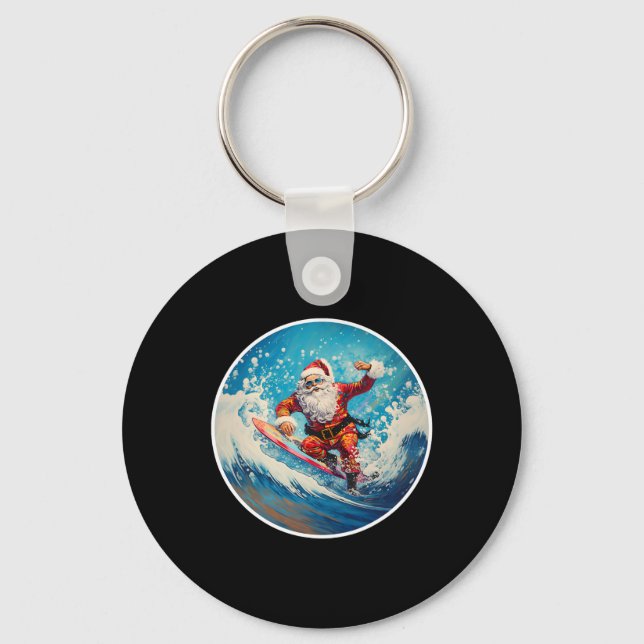 Chaveiro Papai Noel Engraçado Surfando Em Prancha de Surfe  (Frente)