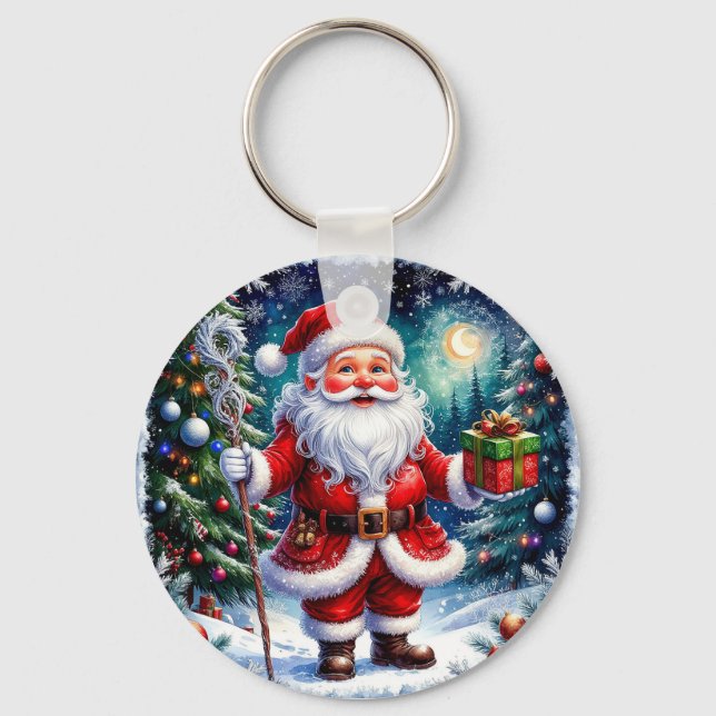 Chaveiro Papai Noel segurando um presente num Natal Mágico (Frente)