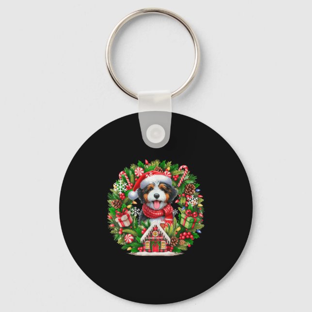 Chaveiro Papais noeis Bernedoodle Christmas Floral Circle O (Frente)