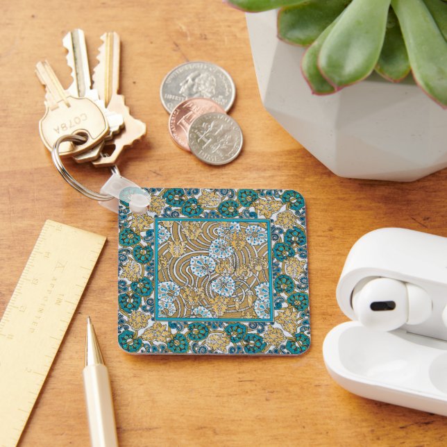 Chaveiro papel de parede de flores azul-de-art-nouveau (Mesa)