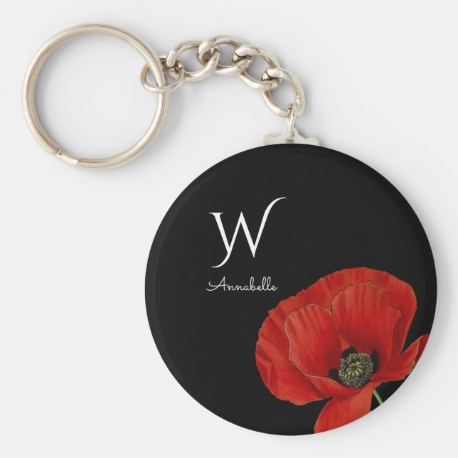 Chaveiro Papoila Vermelha Simples a Preto com Monograma (Frente)