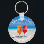 Chaveiro Paradise Cocktails in Beach Sand Room Key<br><div class="desc">Room key keychain,  with curved text templates,  for an inn or hotel in a tropical location.  Two drinks on a tropical beach is the image on this key ring to create for personal or business use.</div>