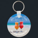 Chaveiro Paradise Cocktails in Beach Sand Room Key<br><div class="desc">Room key keychain,  with curved text templates,  for an inn or hotel in a tropical location.  Two drinks on a tropical beach is the image on this key ring to create for personal or business use.</div>