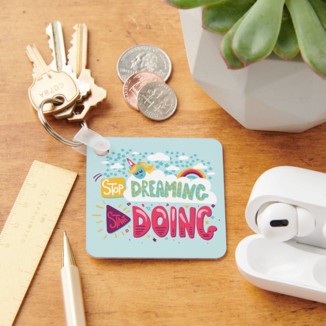 Chaveiro Pare De Sonhar, Comece A Fazer Turquesa Metálico P (Mesa)