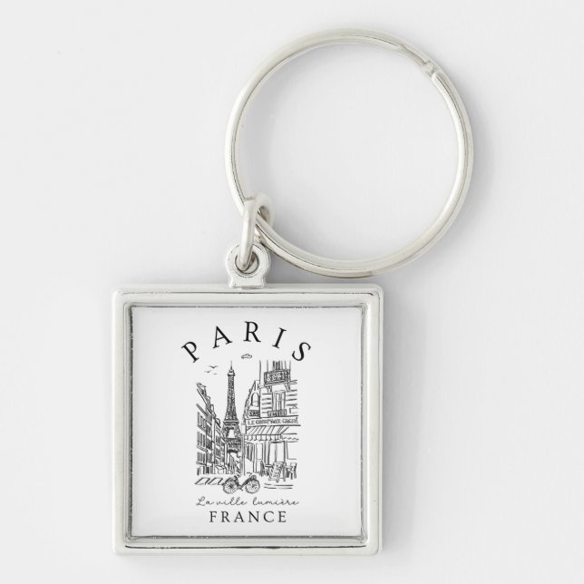 Chaveiro Paris França – Esboço com Torre Eiffel & Café (Frente)